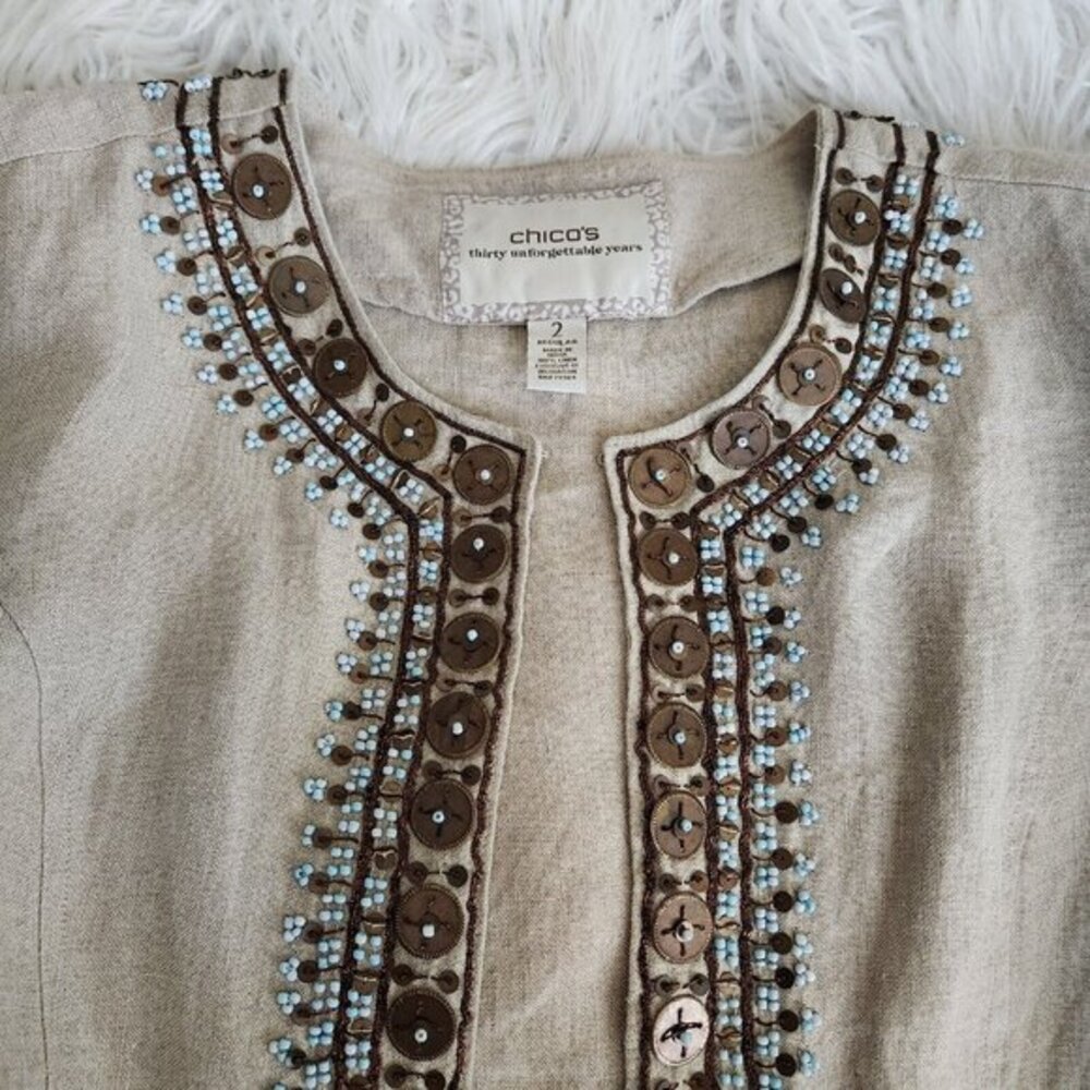 Chicos Jacket Women's 2 L 12 Embellished 100% Linen 3/4 Sleeves Tan Boho Casual - Picture 9 of 15